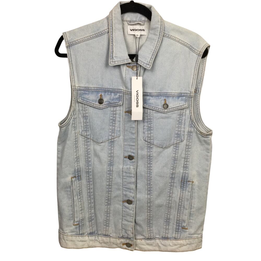 Vigoss Lightwash Western Flap Slash Pockets Sleeveless Denim Trucker Vest Sz S